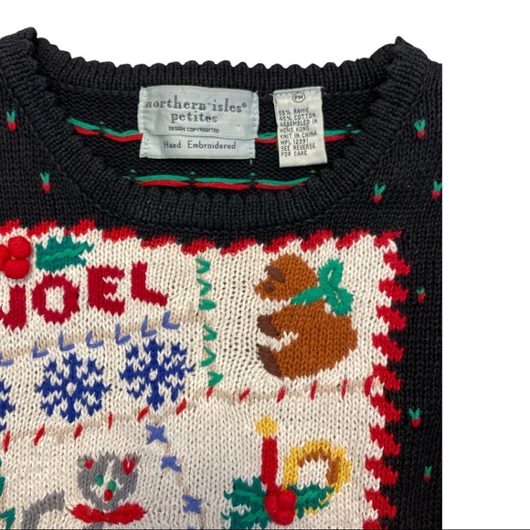 Vintage Christmas Sweater Hand Embroidered Petite Medium - Picture 7 of 10